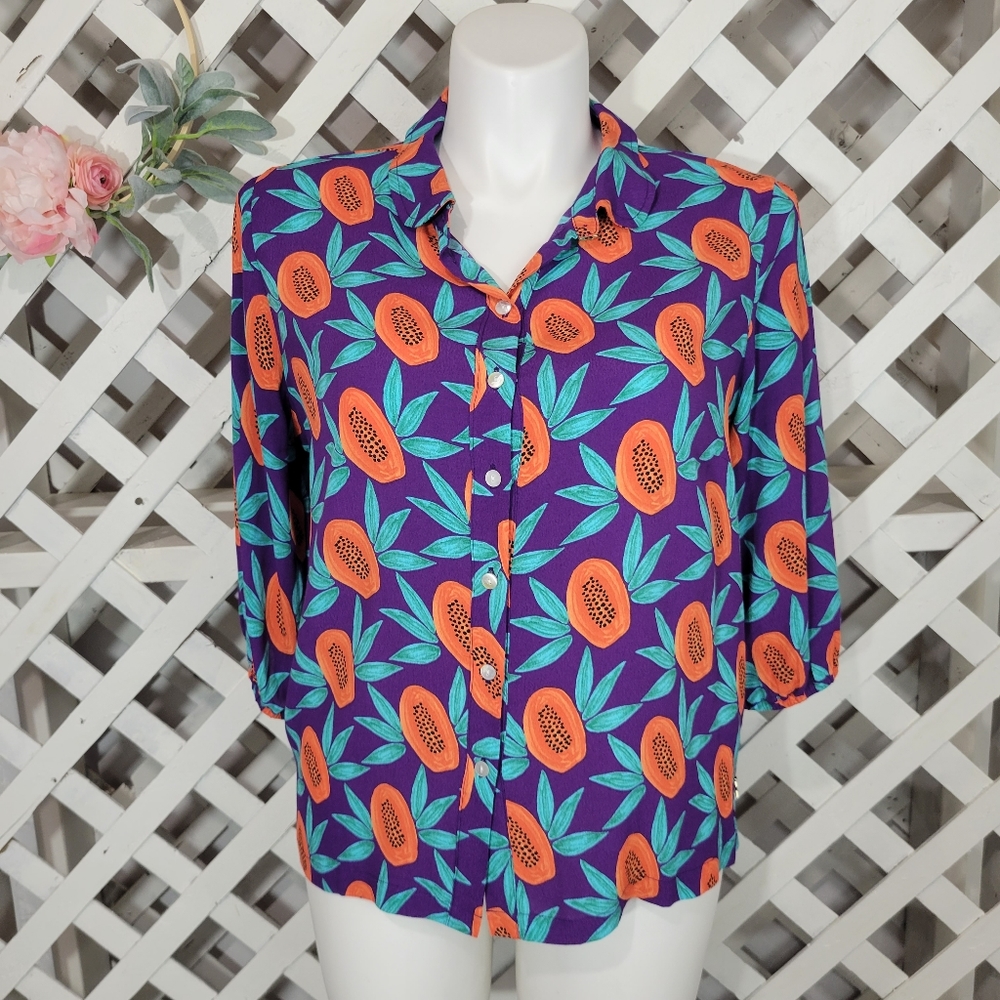 Fabienne Chapot Amsterdam Papaya and Leaves Button Up Blouse Size Large